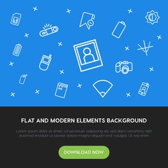 charts, mobile, photos, bookmarks outline vector icons and elements background concept on blue background.Multipurpose use on websites, presentations, brochures and more