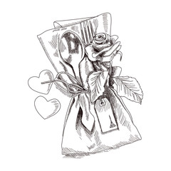 Concept of serving the holiday table. Beautifully composition folded napkin with fork and spoon. The composition decorated with a rose flower. Hand drawn sketch. Vector illustration.