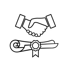 Contract line icon. Sealed official contract, agreement or business document with handshake sign. Vector Illustration