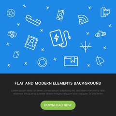 charts, mobile, photos, bookmarks outline vector icons and elements background concept on blue background.Multipurpose use on websites, presentations, brochures and more