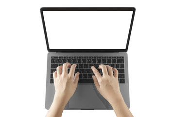 Women using laptop with blank screen at table in the office