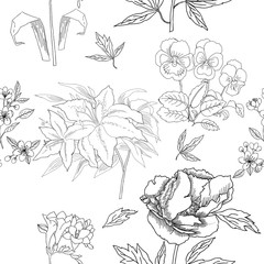  Seamless Pattern with Flowers Sketches. Hand drawn botanical el