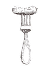 Cucumber planted on the fork. Hand drawn sketch. Vector illustration.