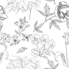  Seamless Pattern with Flowers Sketches. Hand drawn botanical el