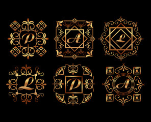 golden ornamental letters with art deco frame vintage decorative vector illustration