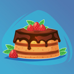 colorful tasty cake bakery dessert with chocolate and strawberry sweet food game icon, cartoon food or web site design, mobile app Vector illustration
