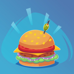 Vector drawing of hamburger with cheese, tomatoes, chop, lettuce, onion in flat cartoon style. Illustration for design fast food menu. Hamburger isolated icons. for web site design, mobile app