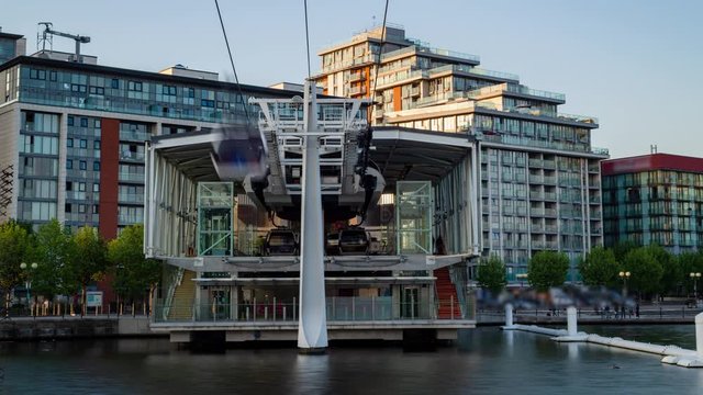 8k Time lapse view of cable cars at the terminal station in the financial district of the Docklands in London