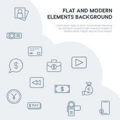 money, mobile, video, photos outline vector icons and elements background concept on grey background.Multipurpose use on websites, presentations, brochures and more