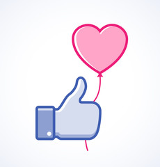 Blue thumb up icon with pink heart balloon. Valentine's day card concept. Valentines day icon. Vector illustration