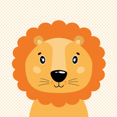 Cute vector lion head, front view. In the background of polka dots.