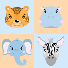 Vector set illustration cartoon of animal faces. Elephant, zebra, hippo, leopard illustration. Zoo