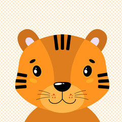 Cute vector tiger head, front view. In the background of polka dots.
