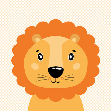 Cute vector lion head, front view. In the background of polka dots.