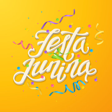 Vector holiday illustration with realistic colorful round confetti, colored curved ribbons and a 3d text “Festa Junina”. Top view on the festive decorative elements isolated from the orange background