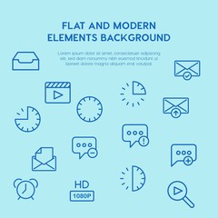 chat and messenger, video, time, email outline vector icons and elements background concept on blue background.Multipurpose use on websites, presentations, brochures and more