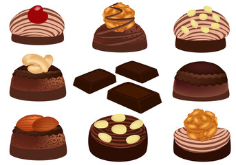 Chocolate and chocolate candies with nuts. Sweet candies isolated on white background. Vector illustration.