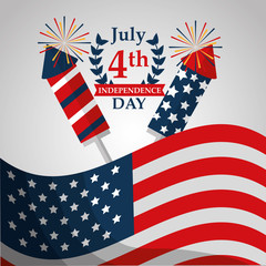 flag and rockets fireworks american independence day vector illustration