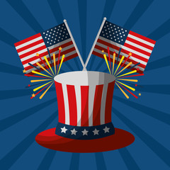 top hat fireworks and flag american independence day vector illustration