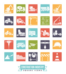 Construction industry square color icon set