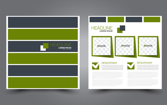 Square flyer template. Simple brochure design. For business and education. Vector illustration. Green and black color.