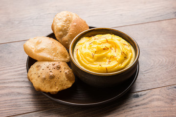 Amrakhand OR Mango Shrikhand with puri or Poori