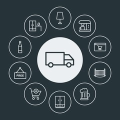 drinks, shopping, furniture Infographic Circle outline Icons Set. Contains such Icons as  bottle,  home, coffee,  white,  hot, glass,  cargo,  wardrobe,  cup and more. Fully Editable. Pixel Perfect