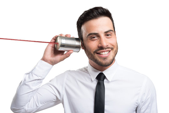 Man Talking On A Tin Can Phone