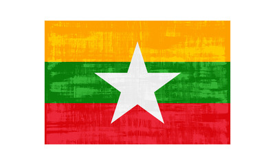 Myanmar flag isolated on white background. Vector illustration in grunge style.