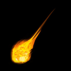 Fireball streaking across black sky. Comet moving in space. Asteroid with flame tail on black background
