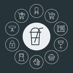 drinks, shopping, furniture Infographic Circle outline Icons Set. Contains such Icons as  wineglass, ice, wine,  open,  sign,  office,  cart,  door,  seat, lock and more. Fully Editable. Pixel Perfect
