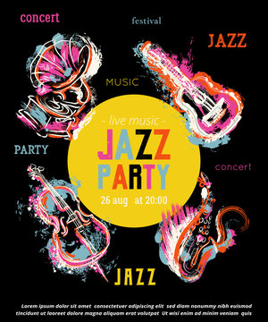 Jazz music party poster with musical instruments. Saxophone, guitar, cello, gramophone with grunge watercolor splashes. Design template for invitation, card, placard and flyer. Vector illustration 
