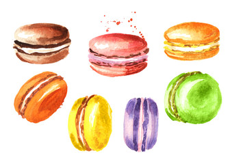 Traditionele Franse cake macaron of macaroon, kleurrijke amandelkoekjes set. Aquarel hand getekende illustratie, geïsoleerd op een witte achtergrond