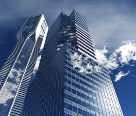 Naklejka premium beautiful skyscrapers, high-rise modern buildings against a blue sky with clouds, 3D rendering 