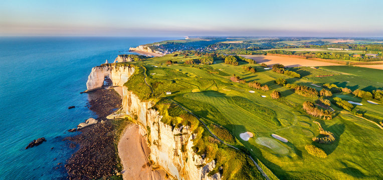 Aerial panorama of chalk cliffs at Etretat - Normandy, France