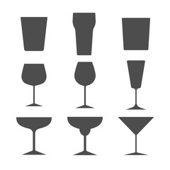 Set of different alcohol glasses. Symbols and icons. Flat design, vector illustration.
