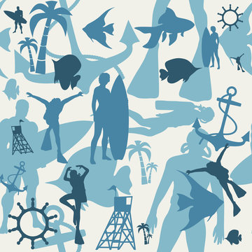 Travel and vacation vintage seamless pattern. Hand drawn illustration