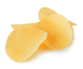 Potato chips close-up isolated on white background.