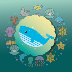 whale sea life cartoon animals label vector illustration
