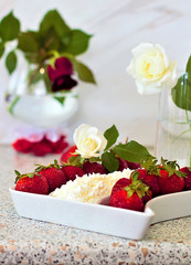 Tasty food. A dish of fresh strawberries and cottage cheese. Vitamin supplement. Dietary and vegetarian product. Add healthy and nutritious food to your diet.