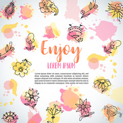 Isolated creative background card with flowers. Hand drawn floral elements. Enjoy summer text Vector template banners for poster, invitation, flyer, party, wedding, brochure