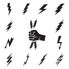 Lightning bolt icons. Collection of 12 black lightning bolt symbols and a hand whith lightnings pictogram isolated on a white background. Vector illustration