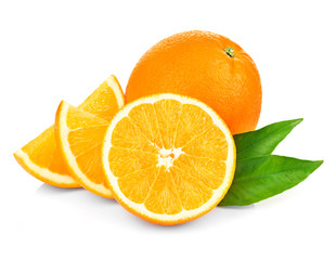 Orange fruit isolate. Fresh orange with leaves isolated on white.