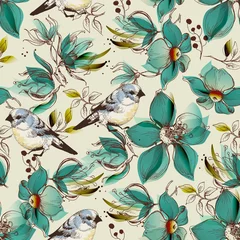 Behang Retro naadloos patroon, schattige bloemen en vogels print © Danussa
