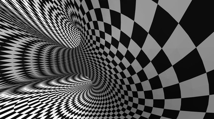 Vector optical illusion black and white twisted checker abstract background. © samserius