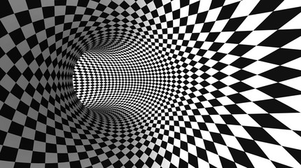Vector optical illusion black and white twisted checker abstract background.