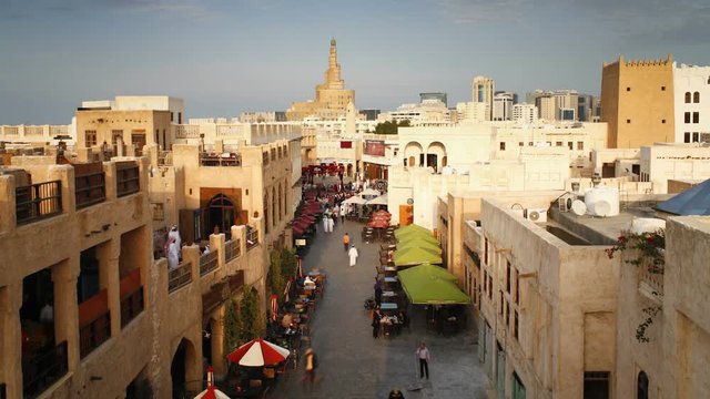 Qatar, Middle East, Arabian Peninsula, Doha, the restored Souq Waqif with mud rendered shops and exposed timber beams