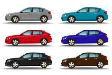 Set of six different colors cars on white background. Hatchback vehicles side view. Family transport concept.