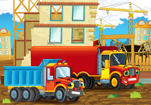 Cartoon scene with industry trucks on construction site - illustration for children