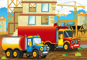 Obraz na płótnie Canvas cartoon scene with happy industry cars on the construction site - illustration for children 